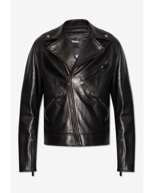 Versace Black Leather Zip-Up Biker Jacket for men