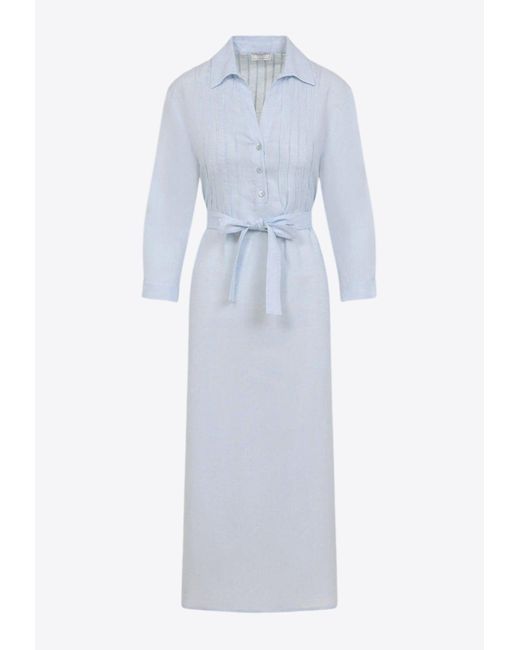 Peserico Blue Chemisier Linen Midi Shirt Dress