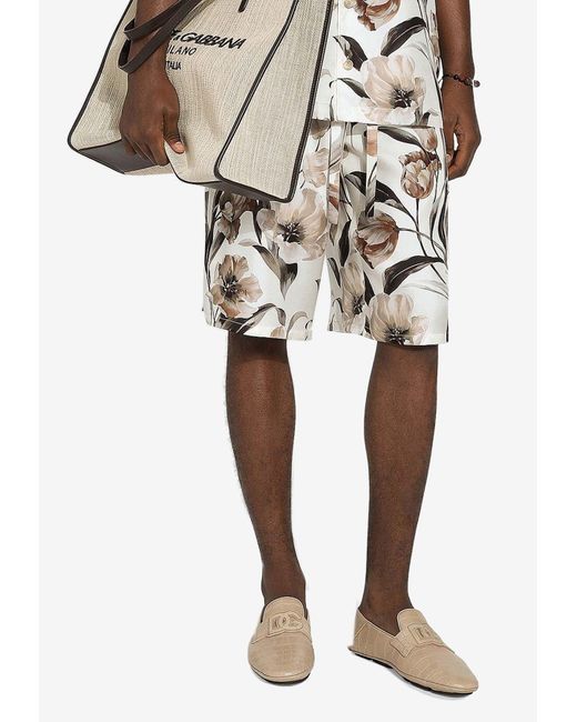 Dolce & Gabbana White Floral Print Silk Shorts for men