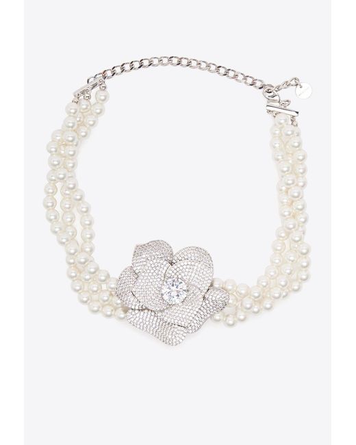 Self-Portrait White Crystal Flower Pearl Choker