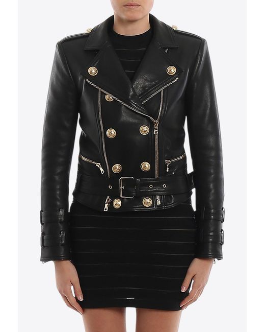 Balmain Black Buttoned Leather Biker Jacket