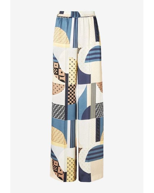 Fendi Blue Patchwork Print Silk Pants