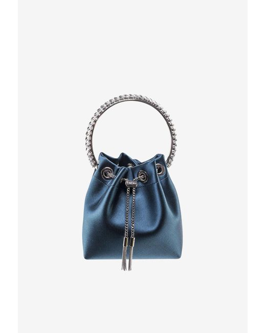 Jimmy Choo Bon Bon Crystal-embellished Satin Bucket Bag in Blue | Lyst