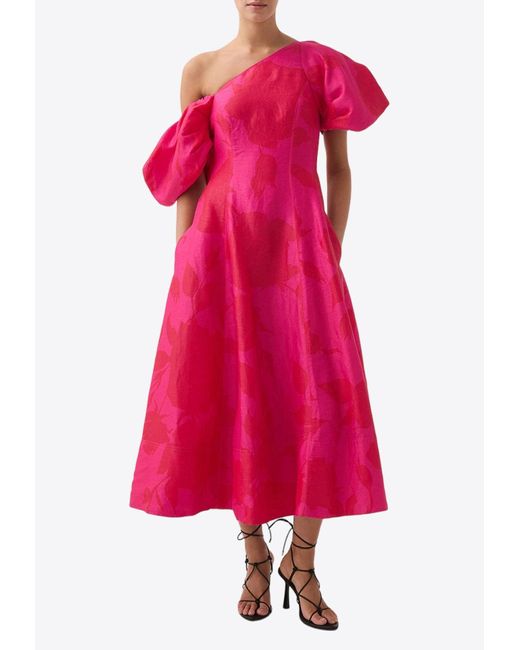Aje. Pink Arista One-Shoulder Printed Midi Dress