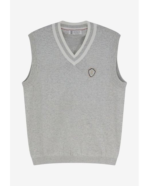 Brunello Cucinelli Gray Logo Patch V-Neck Vest for men
