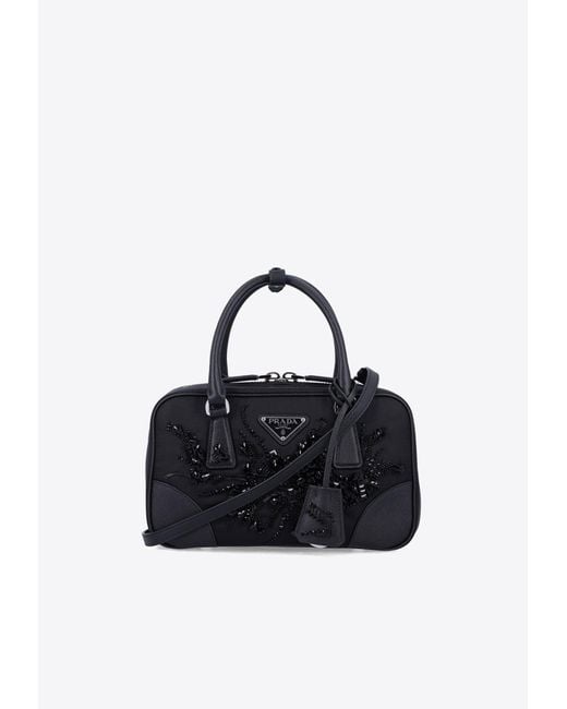 Prada Blue Triangle Logo-Embroidered Top Handle Bag