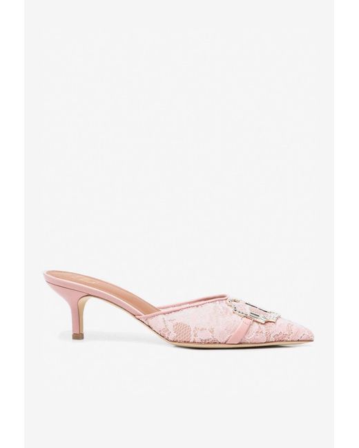 Malone Souliers Missy 45 Pointed Lace Mules With Crystal Buckle in Pink ...