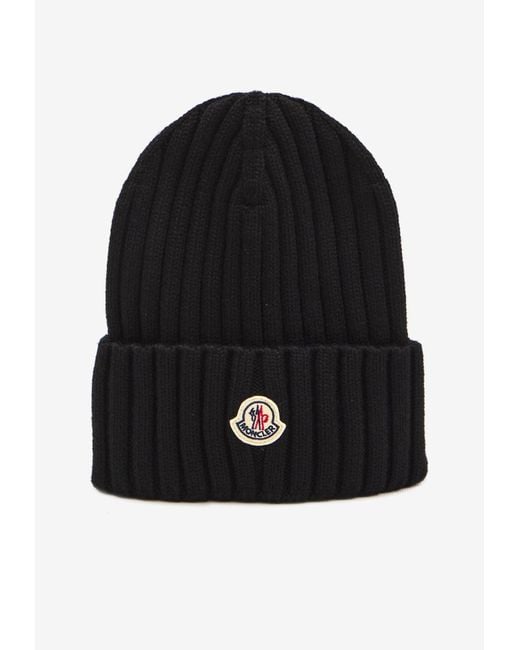 Moncler Black Logo Patch Wool Beanie