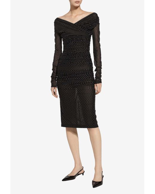 Dolce & Gabbana Black Polka Dot Print Draped Tulle Midi Dress