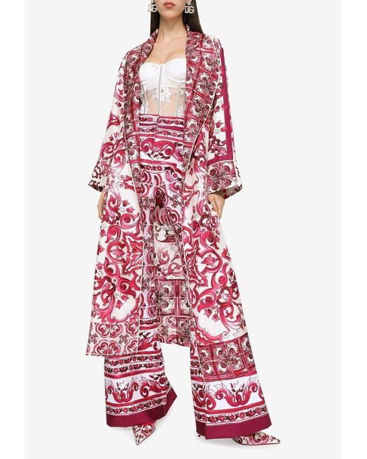 Dolce & Gabbana Red Majolica Print Long Silk Robe