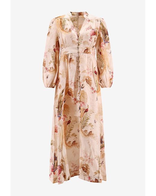 Zimmermann Multicolor Ascension Plunge Linen Midi Dress