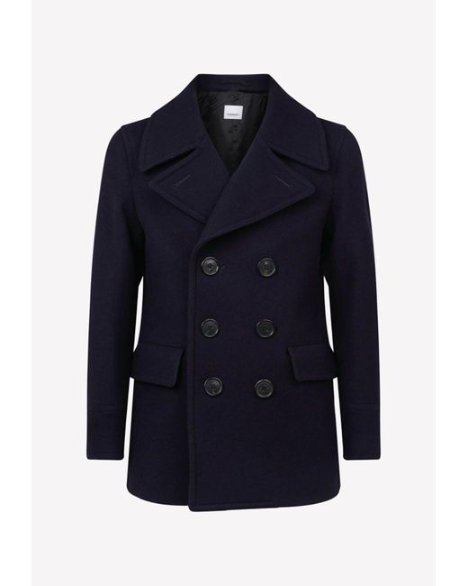 Burberry Doublebreasted Pea Coat In Wool Blend in Blue for Men Lyst
