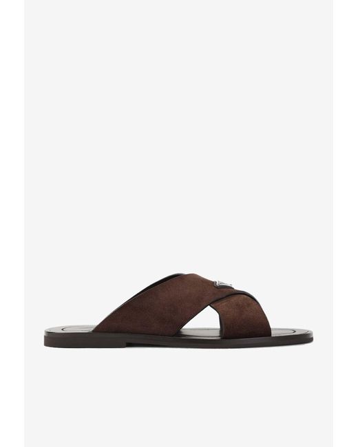 Prada Brown Logo Leather Slides for men
