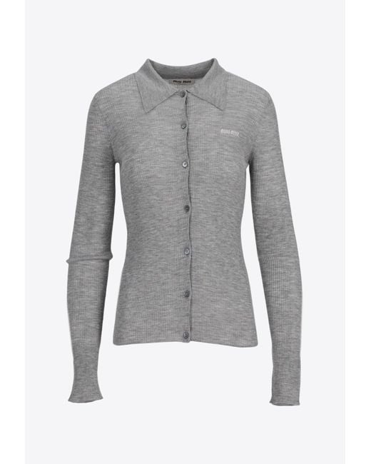 Miu Miu Gray Logo Intarsia Cashmere-Blend Cardigan