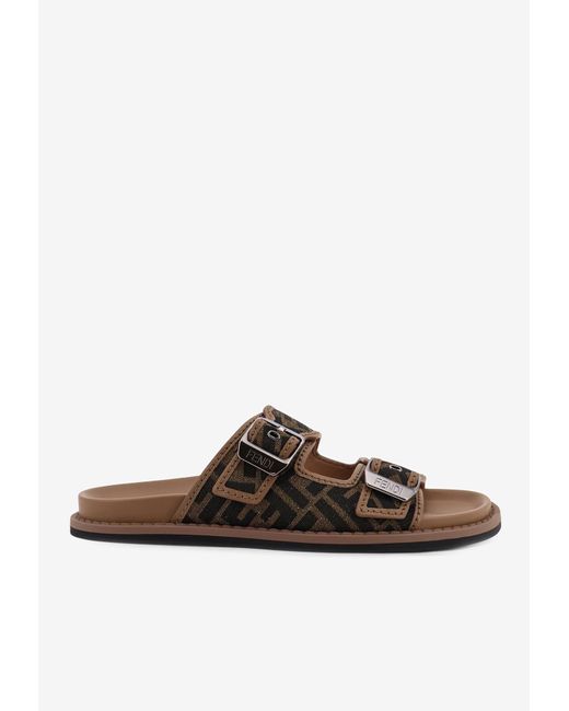 Fendi Brown Ff Jacquard Slides for men
