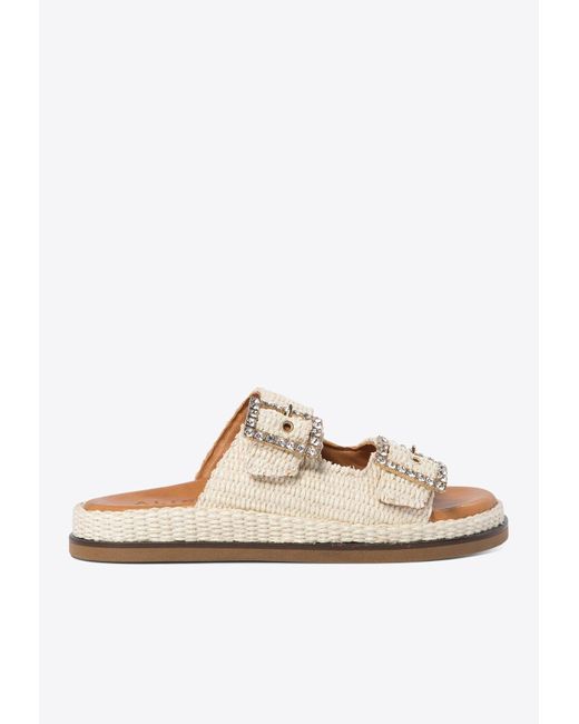 Alibi White Greta Crystal Buckle Raffia Sandals