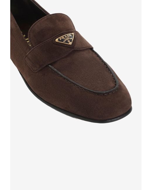 Prada White Triangle Logo Suede Loafers