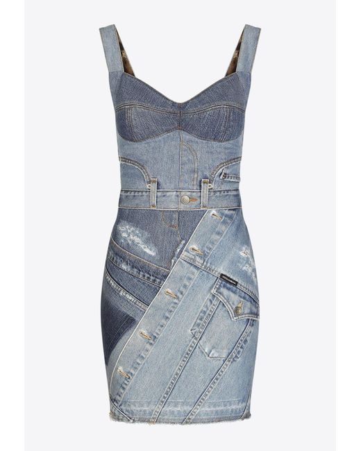 Dolce & Gabbana Blue Sweetheart Neckline Mini Dress