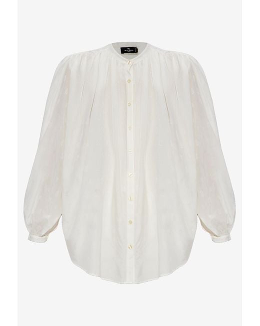 Etro White Sheer Gathered Silk-Blend Blouse
