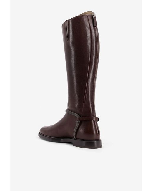 Brunello Cucinelli Brown Monili Embellished Knee-High Leather Boots
