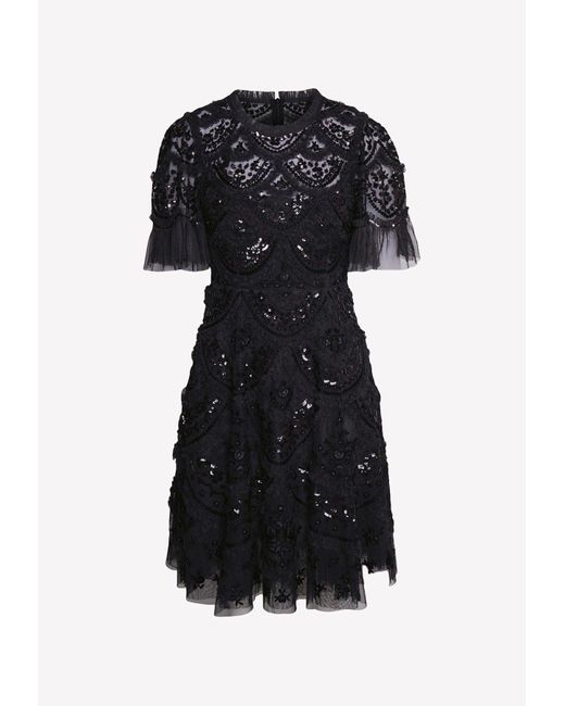 Needle & Thread Black Carmen Ruffle Mini Dress