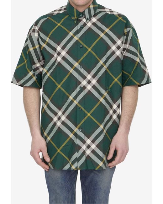 Burberry Green Short-Sleeved Checked Shirt for men