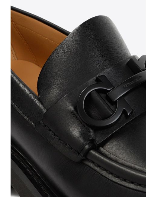 Ferragamo Black Florian Gancini Leather Loafers for men