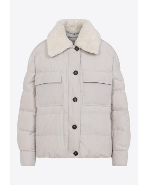 Brunello Cucinelli Natural Shearling-Collar Down Jacket