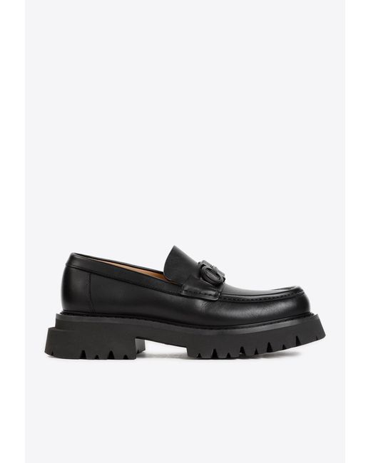 Ferragamo Black Florian Gancini Leather Loafers for men