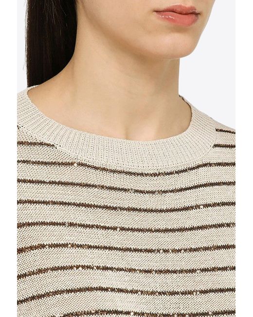 Brunello Cucinelli Natural Crewneck Sweater With Sequin Stripes
