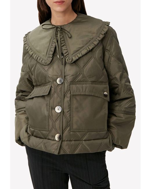 Ganni Synthetic Ruffled Yoke Quilted Cropped Jacket in Green Lyst