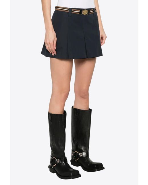 Miu Miu Blue Pleated Mini Skirt With Embroidered-Logo