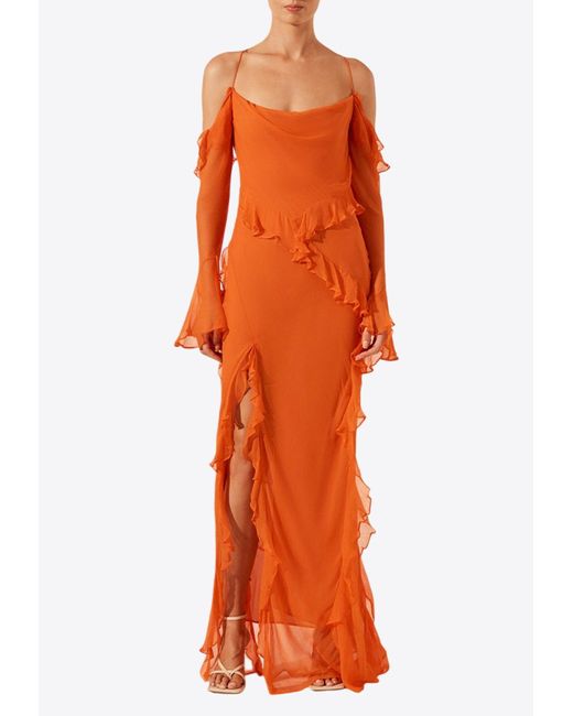 Shona Joy Orange Layla Off-Shoulder Ruffled Maxi Dress
