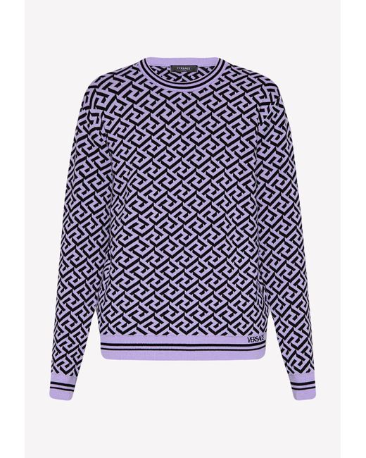 Versace Wool La Greca Jacquard Knit Sweater in Lilac (Purple) for Men