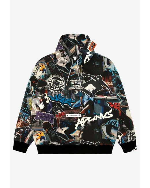 Aape Black Moonface Graffiti Hooded Sweatshirt for men