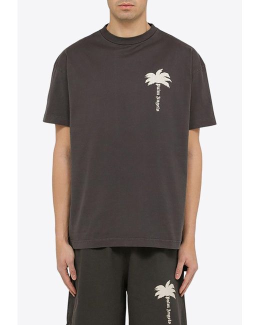 Palm Angels Gray Palm Print Crewneck T-Shirt for men