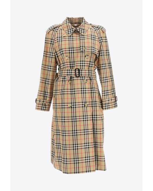 Burberry Natural Double-Breasted Checked Trench Coat