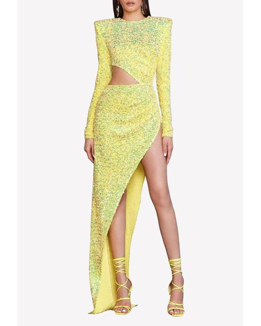 Bronx and Banco Yellow Ricky Sequin Cut-out Gown