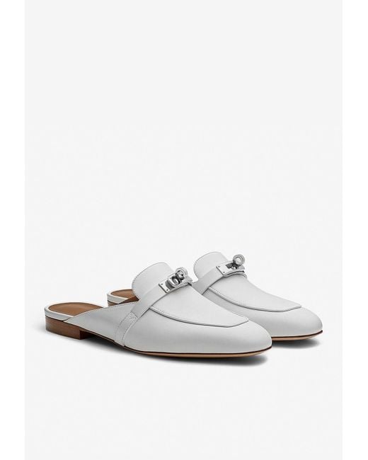 Hermès White Oz Leather Flat Mules With Kelly Buckle