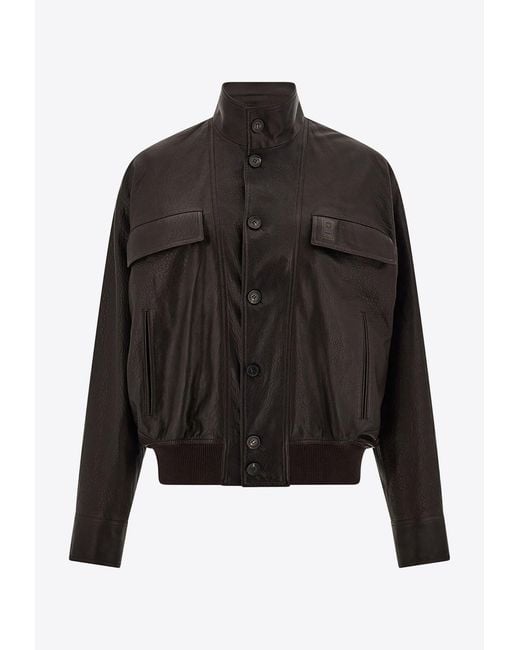 Ferragamo Black High-Neck Grained Leather Jacket for men