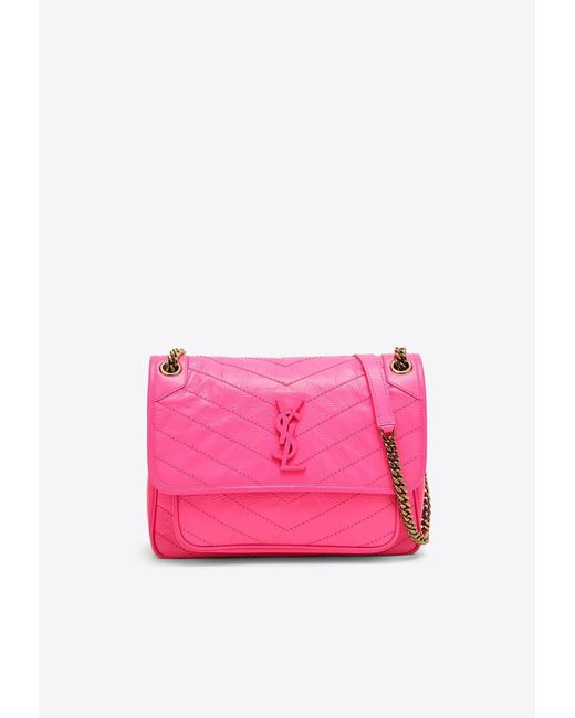 Saint Laurent Pink Medium Niki Shoulder Bag In Crinkled Leather