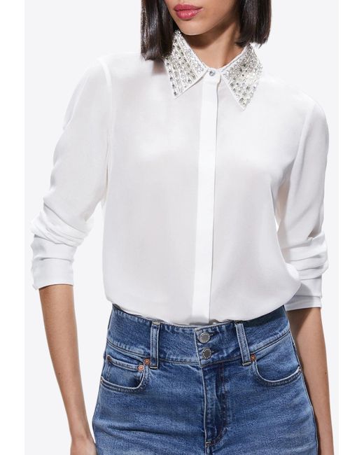 Alice + Olivia White Alice + Olivia Crystal Embellished Silk Shirt