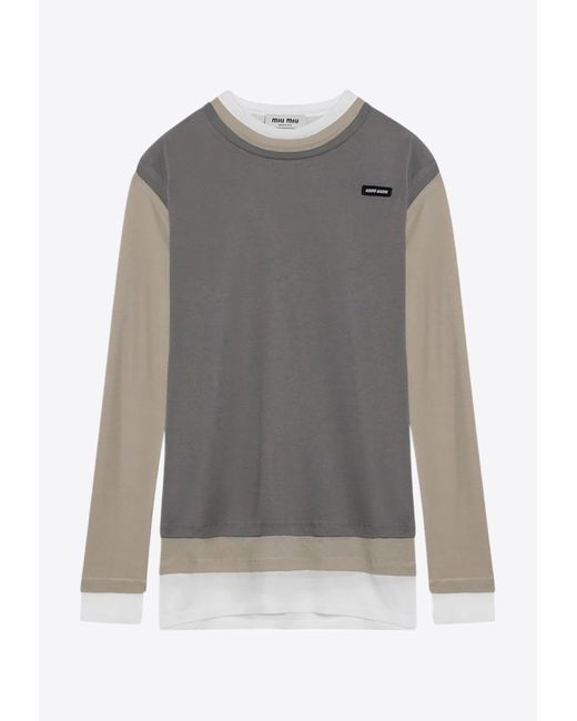 Miu Miu Gray Logo Patch Layered Mini T-Shirt Dress