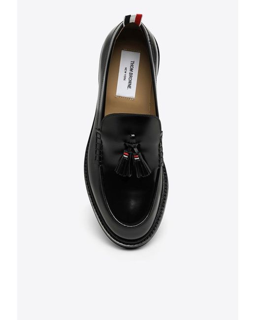 Thom Browne Black Leather Moccasin Loafers With Tassels for men