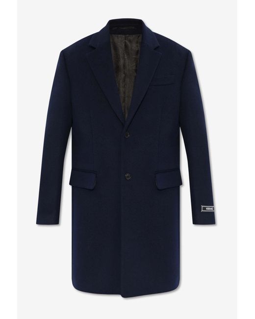 Versace Blue Single-Breasted Wool-Blend Coat for men