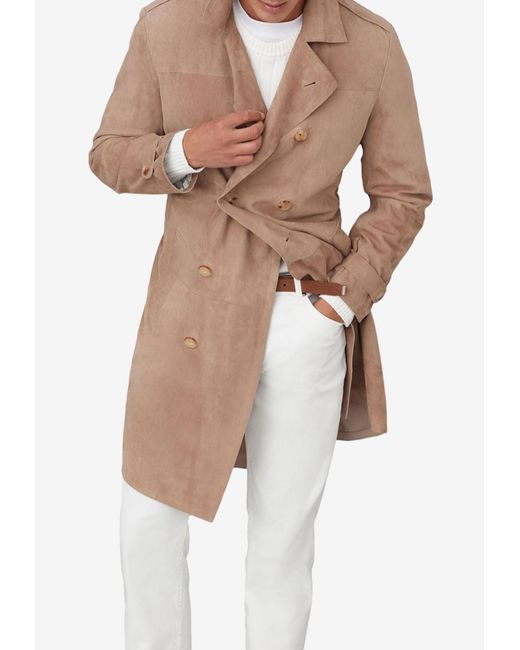 Brunello Cucinelli Natural Double-Breasted Suede Coat for men