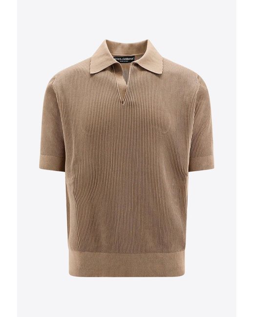 Dolce & Gabbana Brown Ribbed V-Neck Polo T-Shirt for men