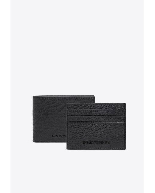Emporio Armani Black Logo Engraved Leather Wallet And Cardholder Set for men
