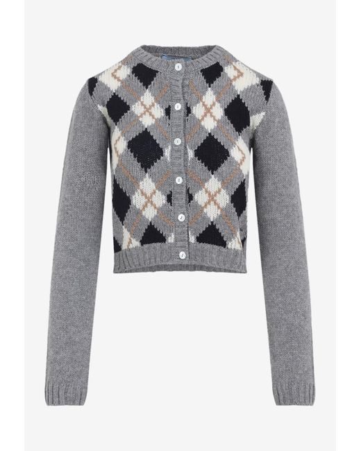 Prada Gray Argyle Knitted Cardigan