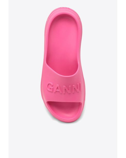 Ganni Pink Embossed Logo Rubber Slides
